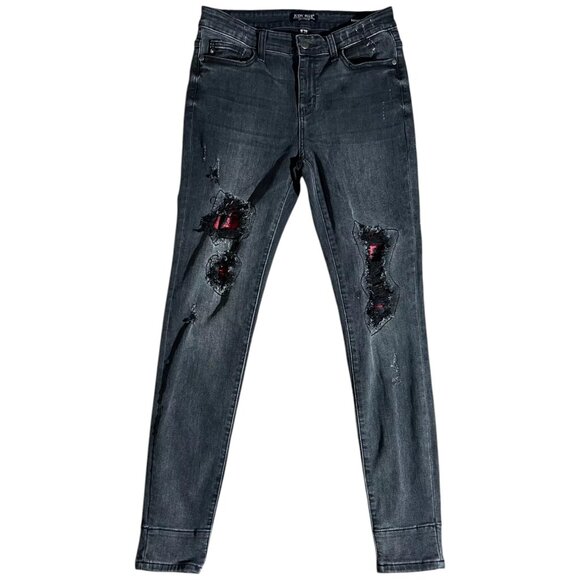 Judy Blue Skinny Black Stretch Denim Distressed Red‎ Plaid 9/29 - Picture 1 of 8